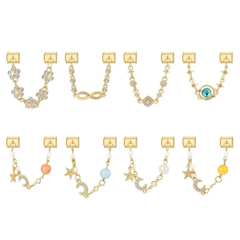 Retro Pearl Stars Moon Shiny Zircon Gold Color Chain Tassel Italian Charm Link Fit 9MM Stainless Steel Bracelet Women DIY Making Qme
