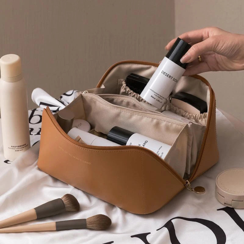Cosmetic Bag PU Leather Large-capacity Travel Cosmetics Storage Bags Women Portable Handbag Multifunction Waterproof Washing Bag Qme Khaki