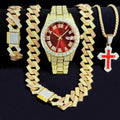New Men's Steel Strip Quartz Hip Hop Business Calendar Full Diamond Diamond Cuban Chain Colorful Cross Night Light Qme Rose