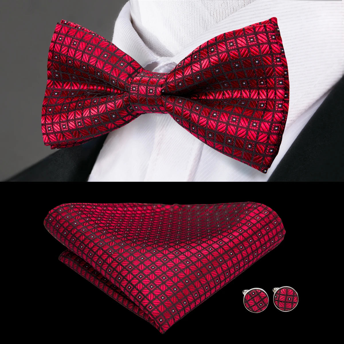 Hi-tie Grey Plaid Jacquard Pre-tied Mens Bow Tie Hanky Cufflinks