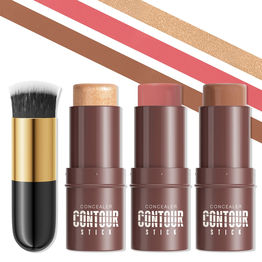 4-Piece Contour Stick Set with Highlighter, Blush & Bronzer Plus Golden Powder Brush - Waterproof Cream for All Tones, Shimmery. Qme