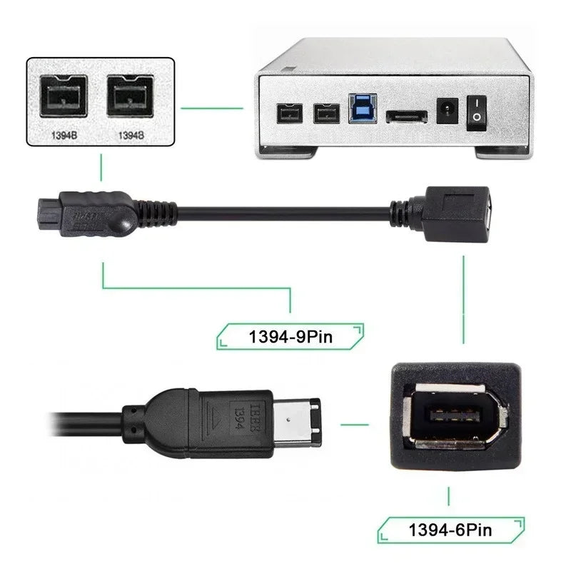 2pcs IEEE1394 firewire 800 9 pinos/6 pinos cabo firewire 800 400 ieee 1394 cabo (9pin 6pin) 2ft IEEE1394B Firewire 9Pin to 9Pin Qme