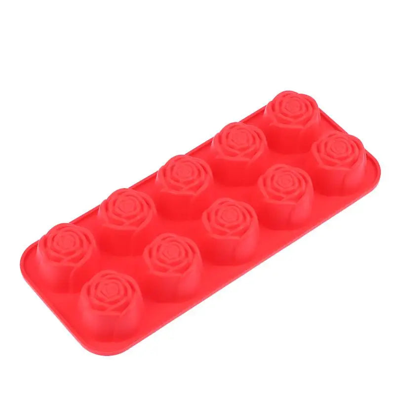 10-Cavity Silicone Rose Cake Mold Nonstick Reusable Baking Pan DIY Qme Red