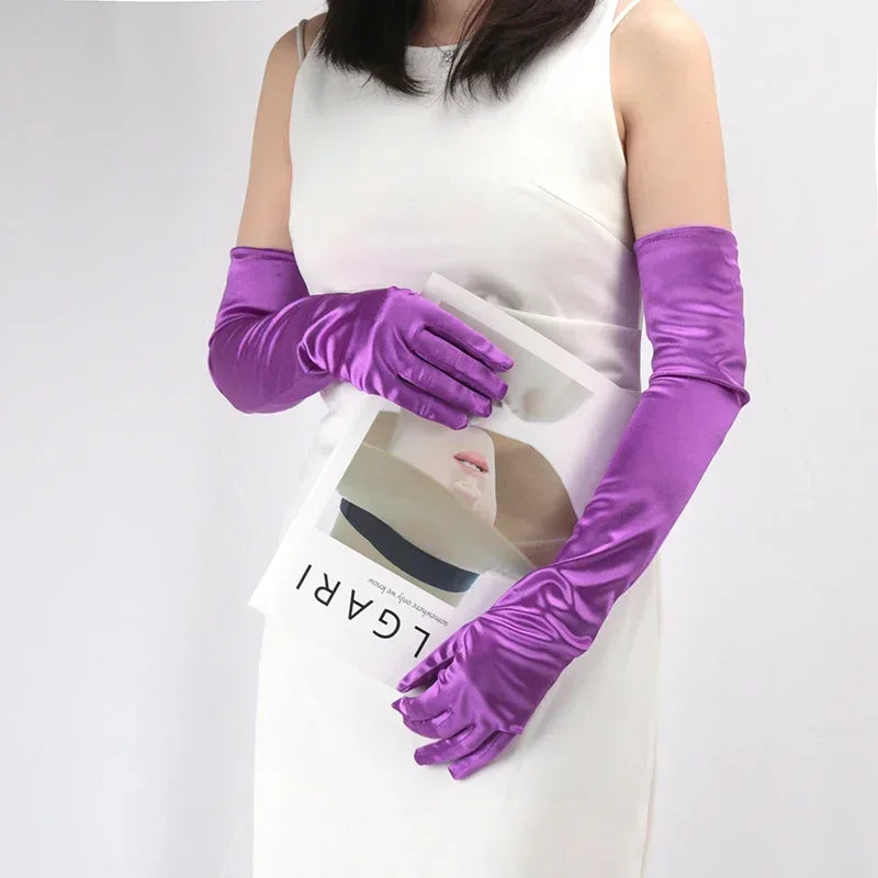 Ceremonial Satin Long Stage Performance Multicolor Women Gloves Ball Qme PURPLE 55cm