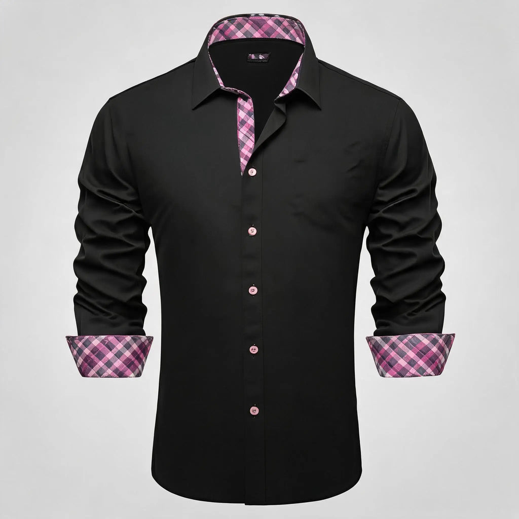 Soft Solid LS Plaid Collar Cuff Patch Shirts Black or Dark Gray Daily Office Casual Button Wear Tops Qme HT-CYDJ1201 S