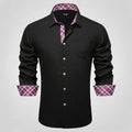 Soft Solid LS Plaid Collar Cuff Patch Shirts Black or Dark Gray Daily Office Casual Button Wear Tops Qme HT-CYDJ1201 S