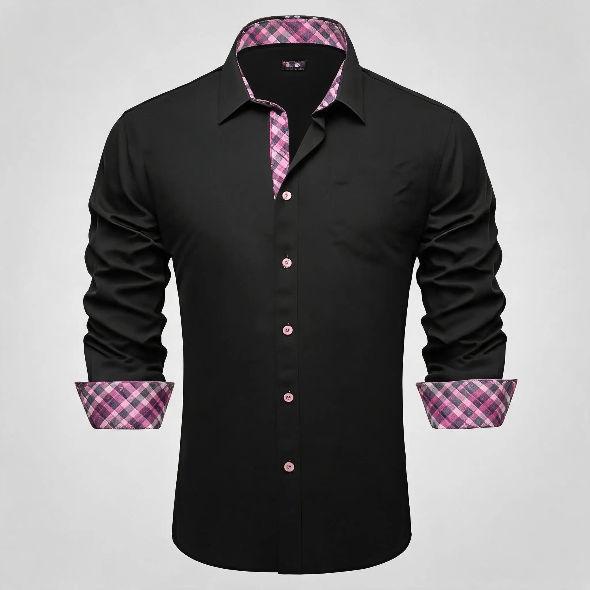 Soft Solid LS Plaid Collar Cuff Patch Shirts Black or Dark Gray Daily Office Casual Button Wear Tops Qme HT-CYDJ1201 S