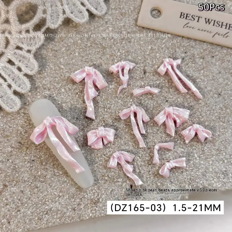 Bowknot Nail Art Decorations 3D Satin Light Charms Colorful Ribbon Qme Pink