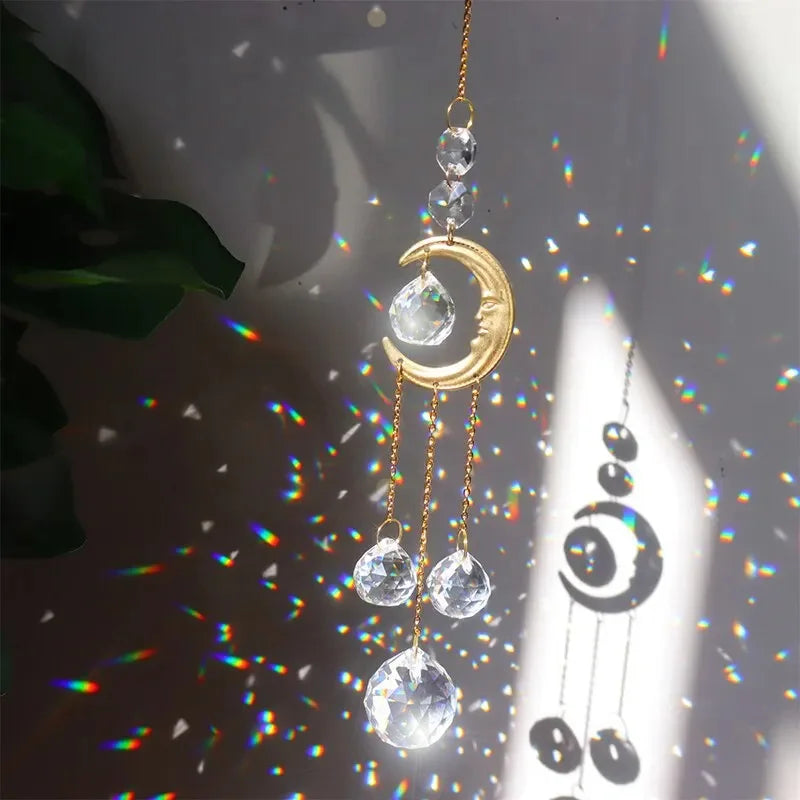 1pc Colored Crystal Wind Chime Moon Decorative Pendant Crystal Prism Hanging Gift SunCatcher For Garden Party Outdoor Home Decor Qme