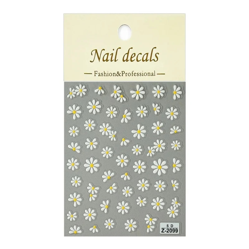 5D Flower Daisy Embossed Stickers Nail Sliders Decals Daisy White Florals Petals Flowers Back Glue Nail Sticker Decoration Qme