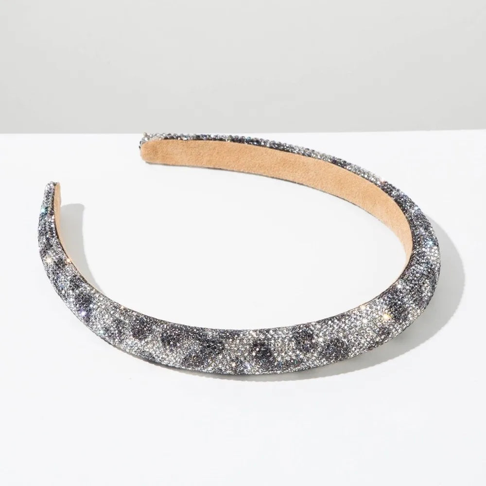 Simple Bling Rhinestone Headband Wide Luxury Leopard Print Hairband Non-slip Glittering Women Hair Hoop Banquet Qme