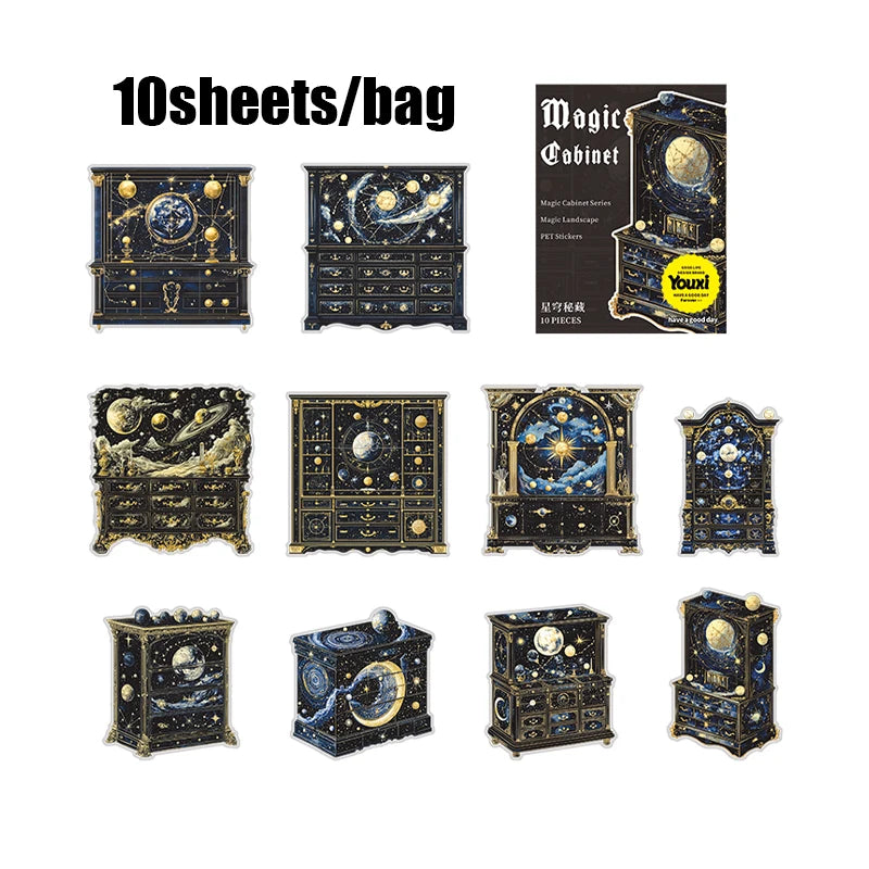 10 Sheets/bag Magic Cabinet PET Stickers for Scrapbooking DIY Journal Planner Collage Art Phone Case Notebook Decoration Qme 1