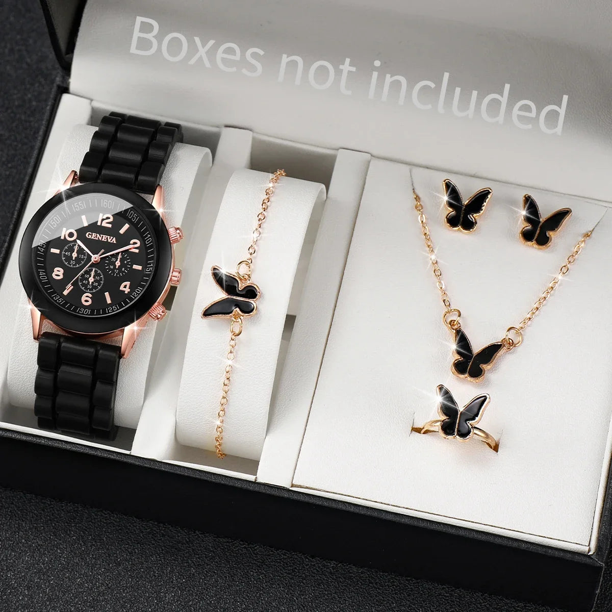 Mulheres Relógio Quartzo de Genebra, Pulseira de Silicone, Conjunto de Jóias Borboleta sem Caixa, Fashion, 5 peças por conjunto Qme