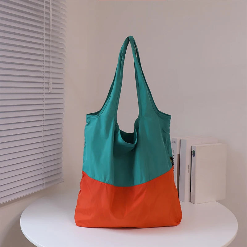 Color-block Patchwork Foldable Shopping Bag Eco-friendly Large Capacity Portable Waterproof Shoulder Bag Qme Lake blue one size