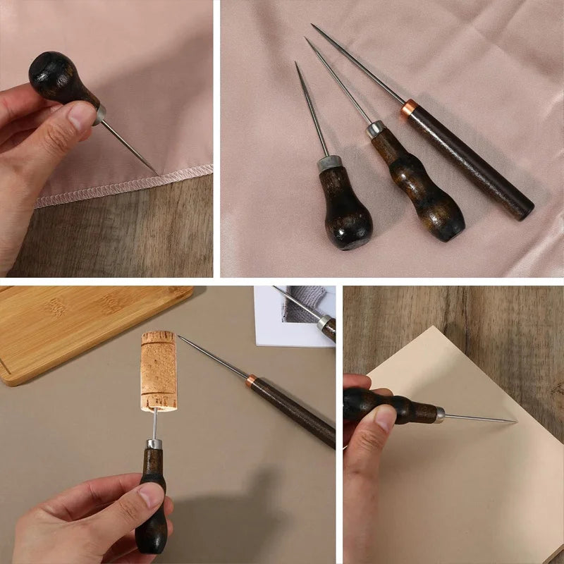 3pcs/Set Leather Awl Tool with Wooden Handle, Stitching Puncher for Sewing, Leathercraft, DIY Qme