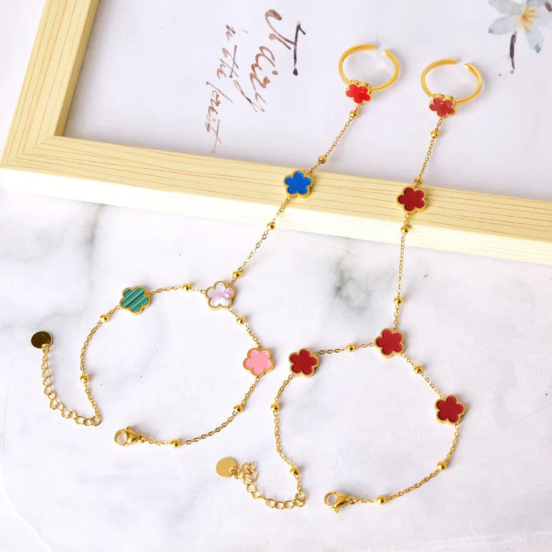 4 Color New Creative Five Leaf Flower Stainless Steel Bracelet Ring 2 in 1 Jewelry Classic Woman Party Jewelry for Daily Wear Qme