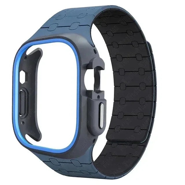 TPU Case+Silicone Strap for Apple Watch Band Ultra 2 49mm 45mm 44mm 41mm Protective Case Bracelet for Iwatch Series 9 8 7 6 5 4 Qme Blue BU 44mm Series SE 456
