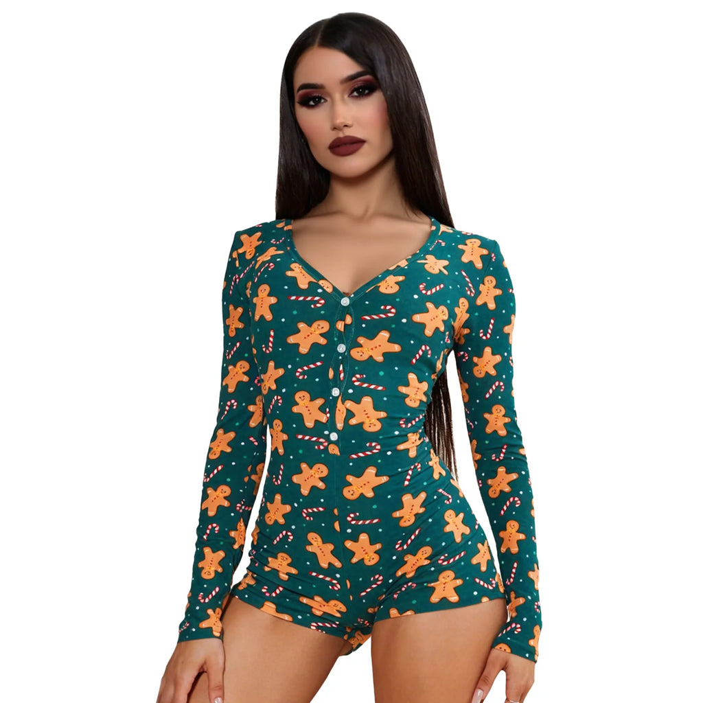 Women's Christmas One Piece Long Sleeve Jumpsuit Gingerbread Printed Romper Pajamas V-Neck Shorts Jumpsuit Cosplay Costume Qme