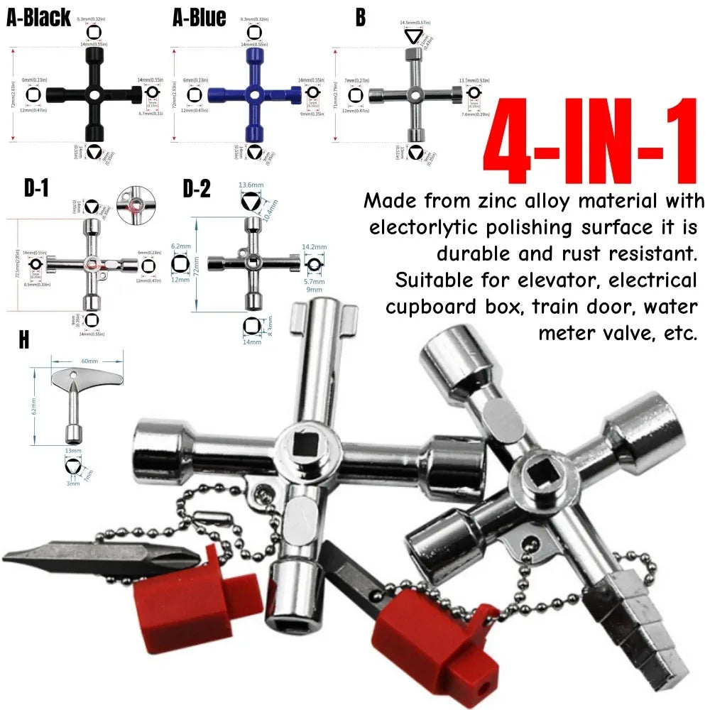 4-in-1 Cross Switch Square Key Wrench Multifunction Repair Hand Tools for Electrical Elevator Control Cabinet Valve Universal Qme
