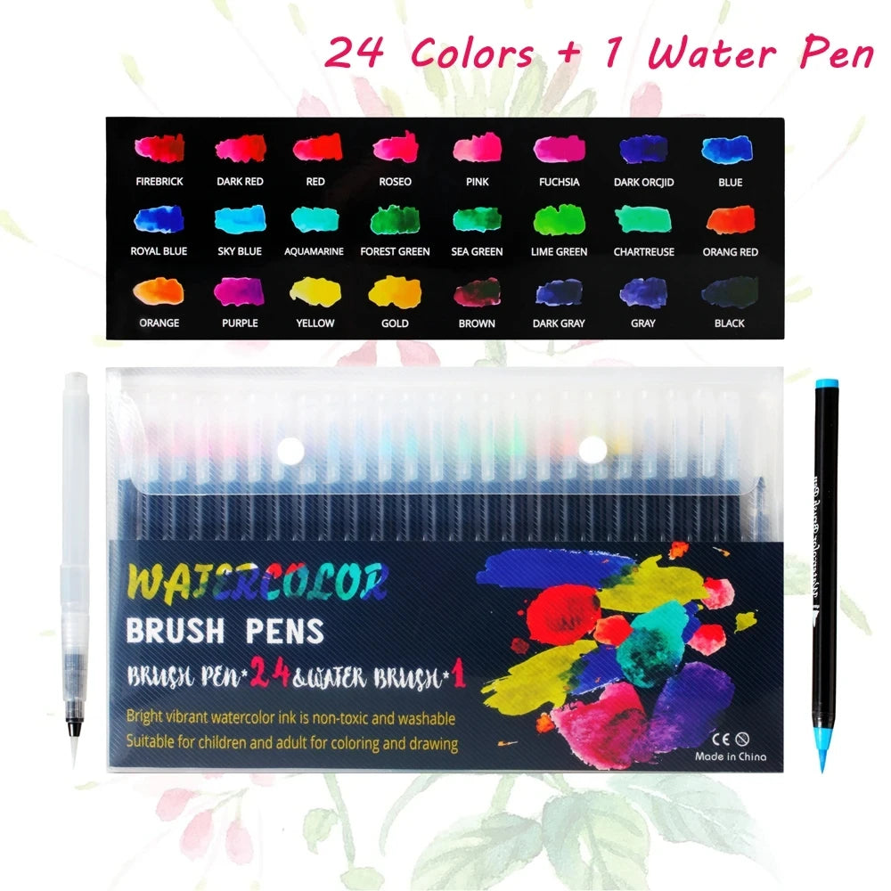 12-72 Colors Watercolor Brush Pens Soft Tip Art Markers for Drawing Coloring Manga Calligraphy School Stationery Supplies Qme 24Color-1Water Pen