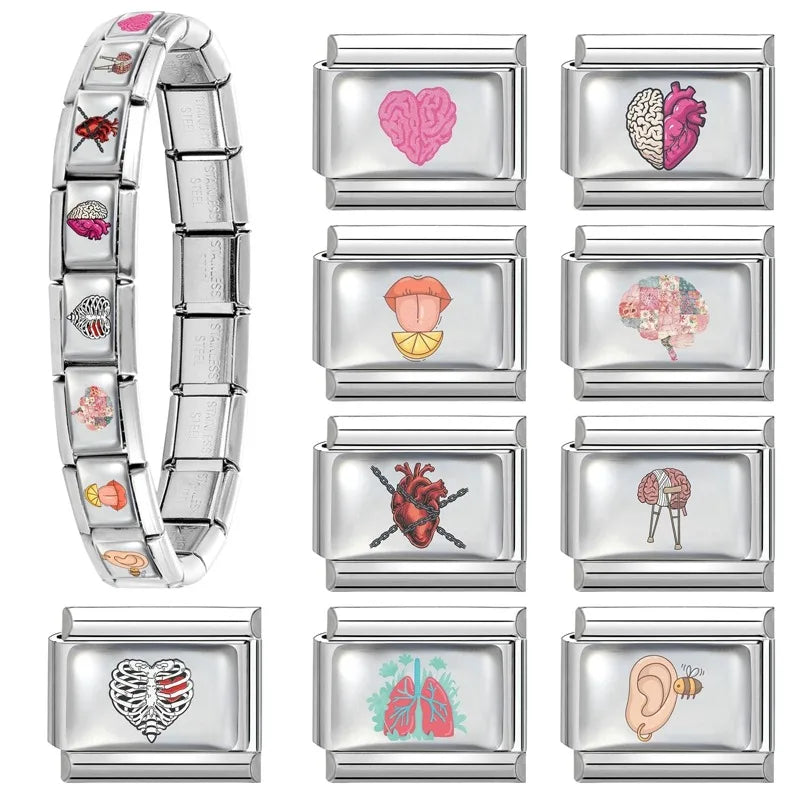 Fashion Y2K Lips Heart Brain Lungs Ears Colorful Italian Charm Links Stainless Steel Fit 9mm Bracelet Jewelry DIY Making Gifts Qme