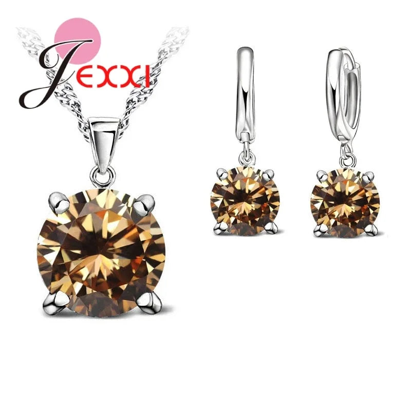 Hot Selling 4 Claws Cubic Zirconia CZ 925 Sterling Silver Color Jewelry Sets Pendant Necklace Earring for Women Wedding Sets Qme Champagne