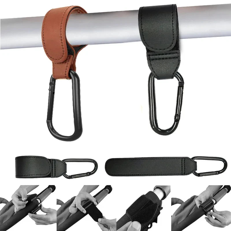 2Pcs Leather Cart Hooks Baby Stroller Hook PU Adjustable Pram Hook Organizer Diaper Bag Hanger Children Travel Accessories Qme