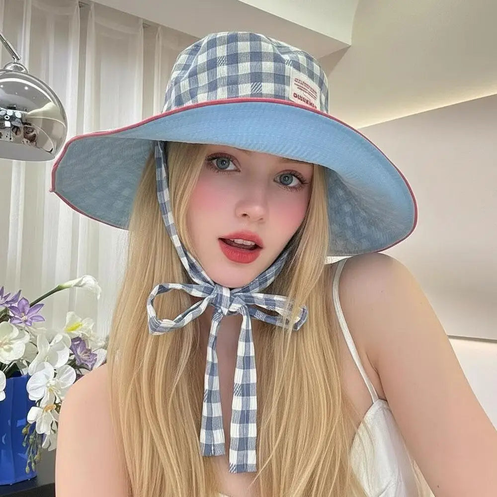 Women Girl Fisherman Hat Double Sided Sun Korean Ins Plaid Tie Strap Qme