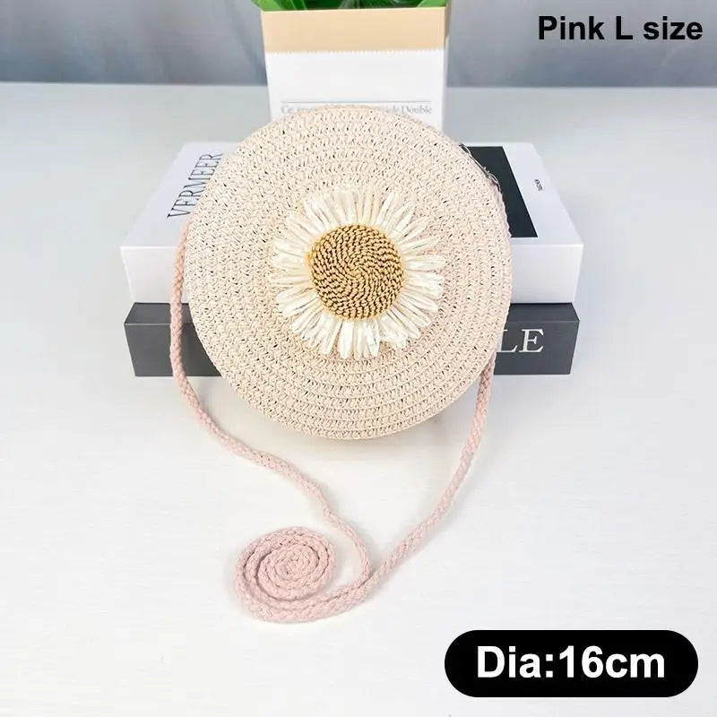 Floral Circle Straw Crossbody Bag: Vintage Mini Shoulder Purse with Graphic Decor for Women's Summer Beach & Casual Outings Qme Pink L