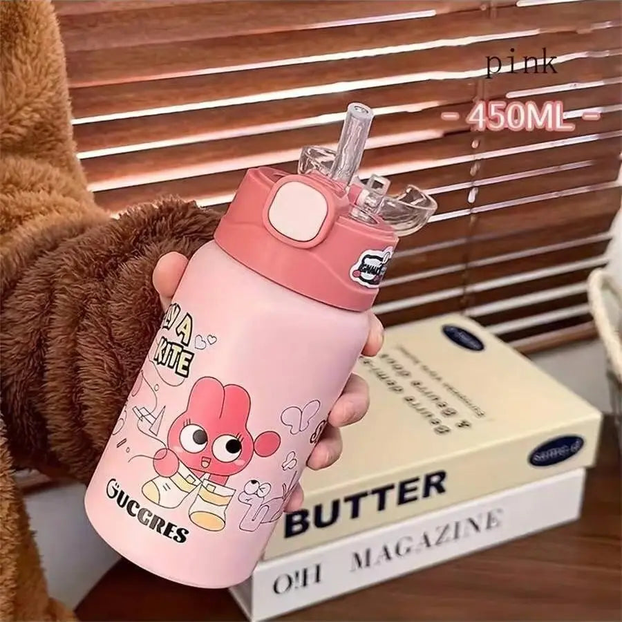 Cute Graffiti Painting Insulated Cup Straw Water Portable School Qme pink 401-500ml