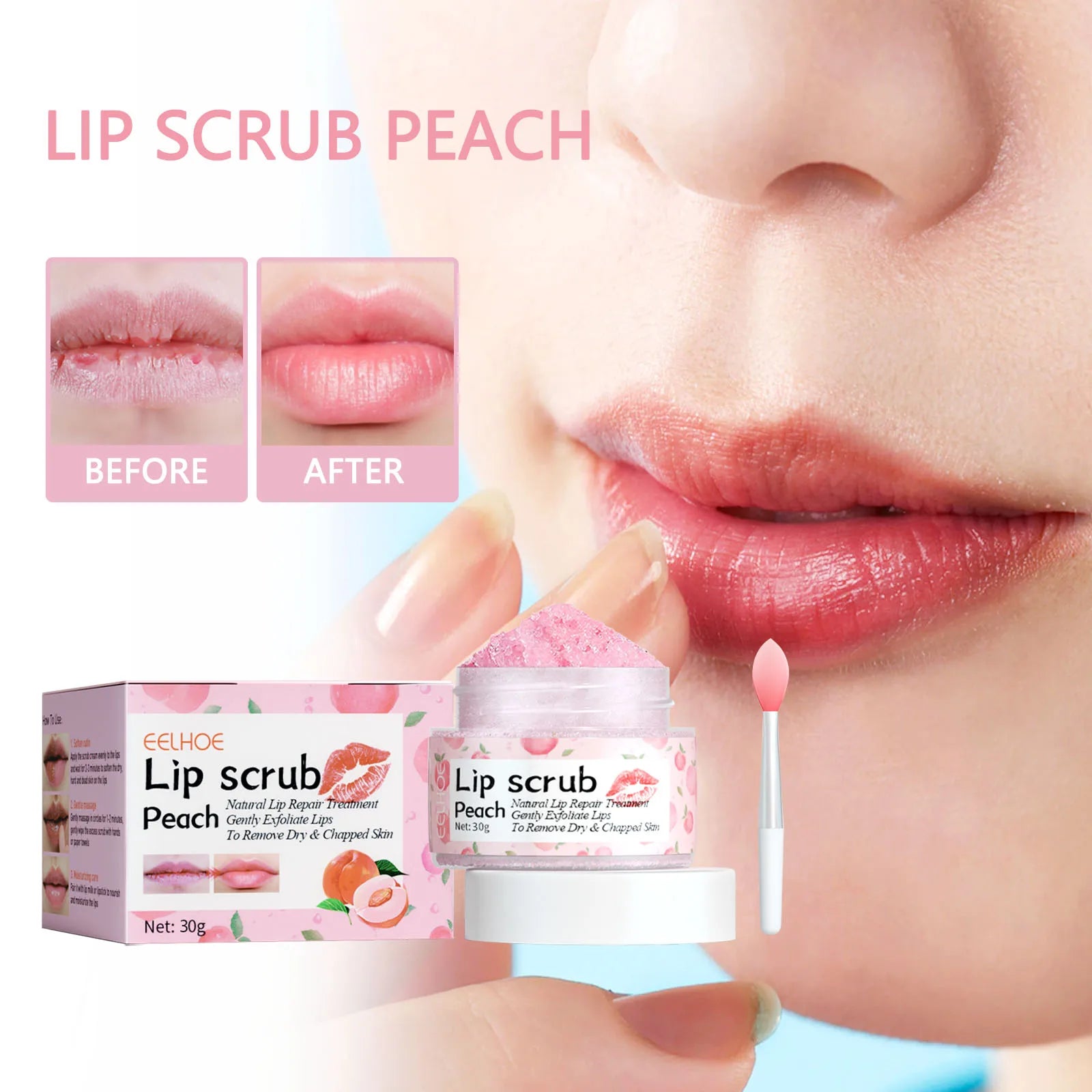 Peach Lip Scrub Moisturizing ＆ Moisturizing Lips Preventing Drying ＆ Cracking Diminishing ＆ Improving Dark Skin Around Lips 30g Qme