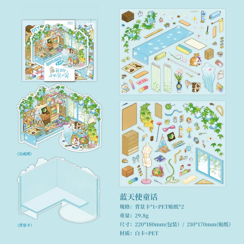 DIY Cartoon Leisure Life in 4 Seasons Landscape Sticker 3D Pocket Cabin Scene Stacking Pasting Stickers Gift for Kid Child Qme A