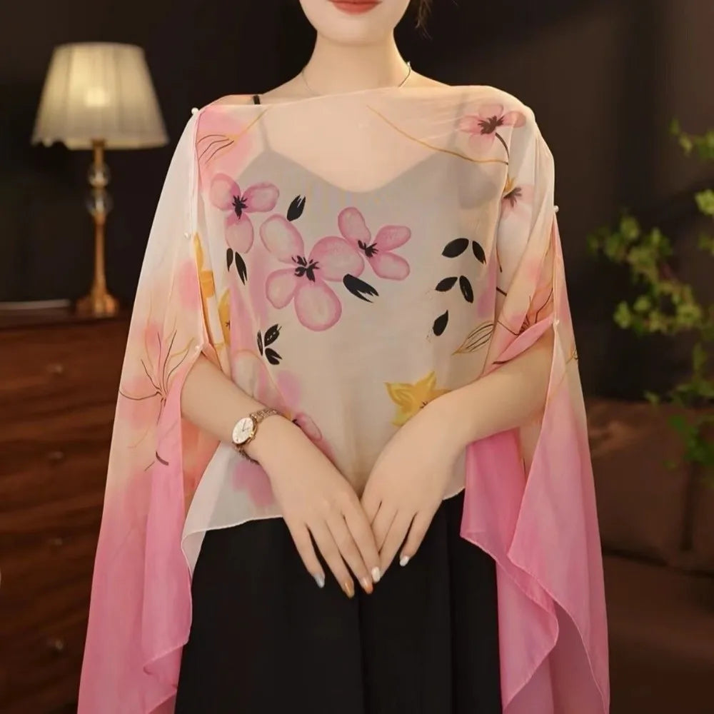 Multifuctional Breathable Shawl Flower Pattern Long Length Sun Protection Shawl Lightweight Breathable Fabric Chiffon Scarf Qme Style N
