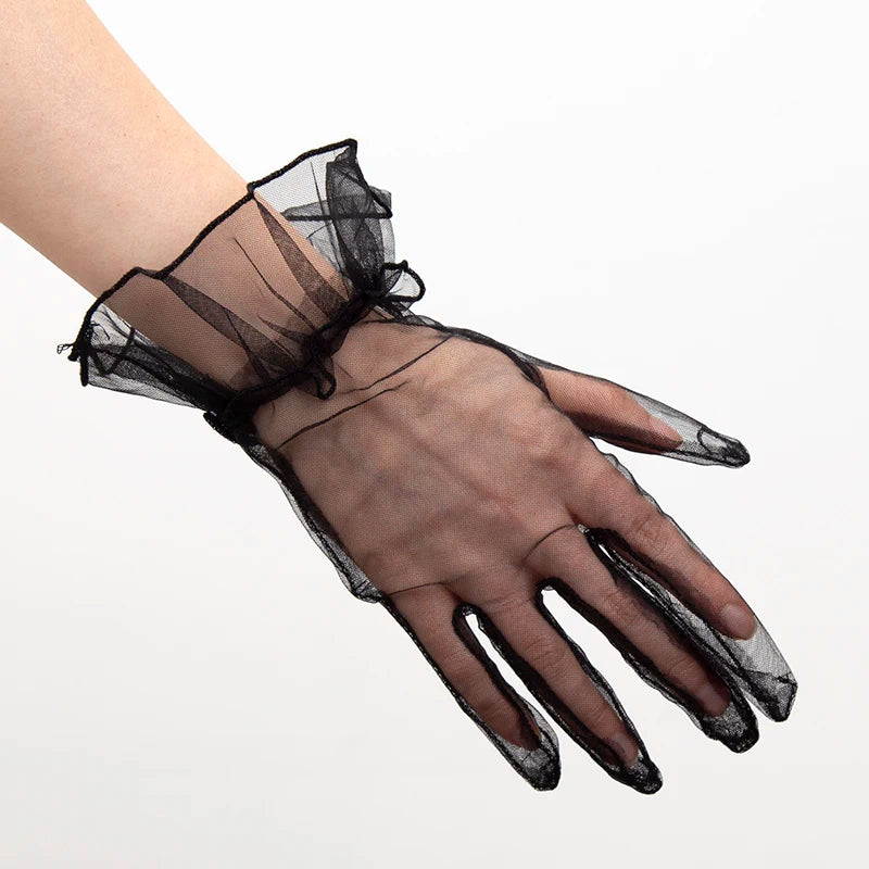 Women Black Lace Gloves Ultra Thin Tulle Wedding Bride Dress Driving Qme