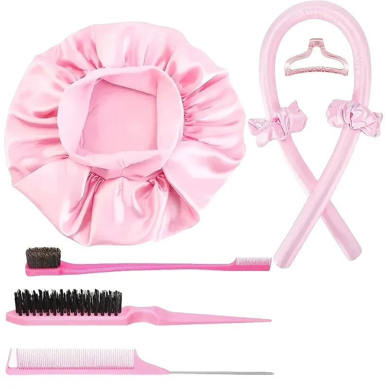 3 5 No-heat Curling Iron Satin Sleep Cap Hair Clips Comb Tie Women's Qme Pink with cap comb