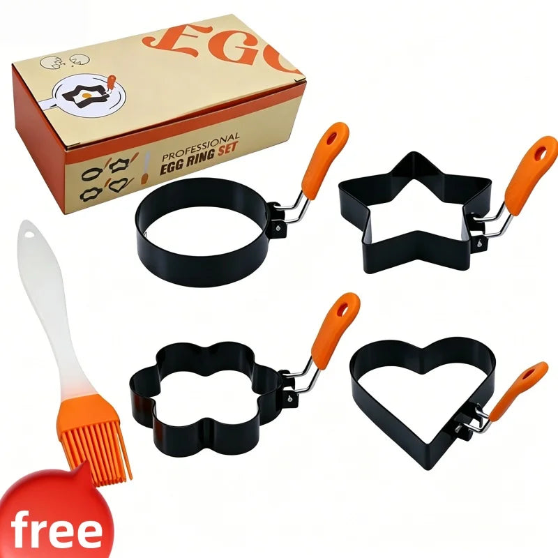 Stainless Steel Omelette Ring Used for Grills and Frying Pans Oil Brushes Pancakes and Egg Shakers with Silicone Handles Qme Four-piece set