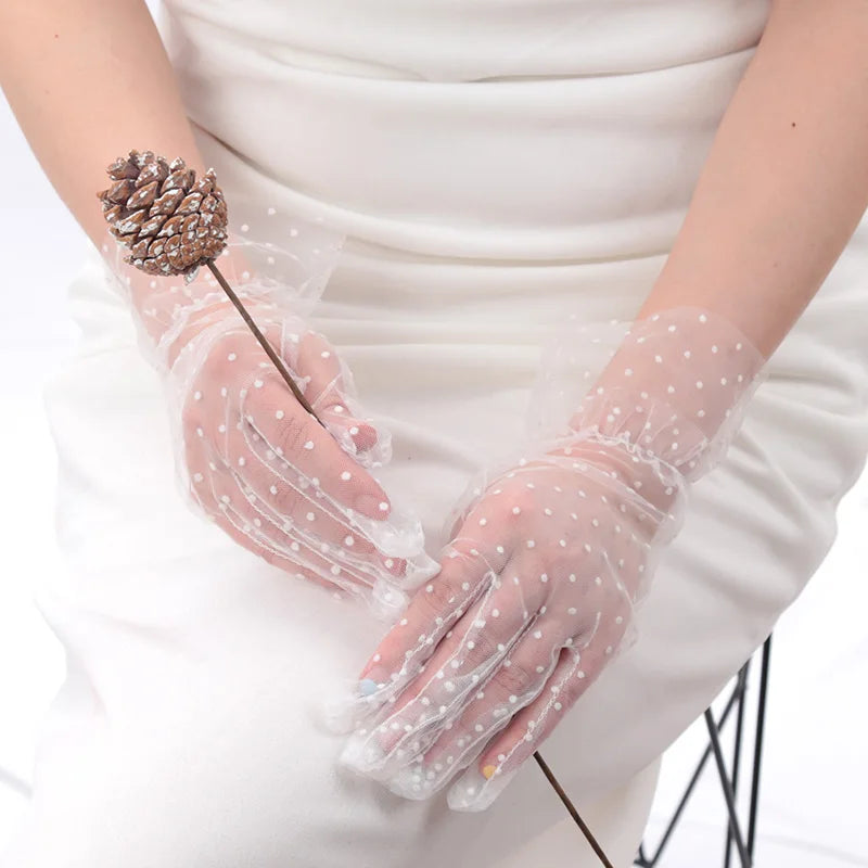 Women Sexy Lace Gloves Transparentes Dot Mesh Short Tulle Mittens Qme