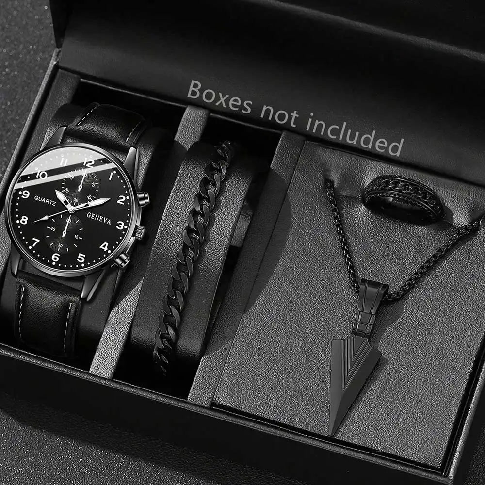 4PCS Black Men's Watch Set Business Fashion Quartz Watch Bracelet Necklace Earrings Ring Set Perfect Gift for Friends or Dad Qme black