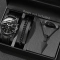 4PCS Black Men's Watch Set Business Fashion Quartz Watch Bracelet Necklace Earrings Ring Set Perfect Gift for Friends or Dad Qme black