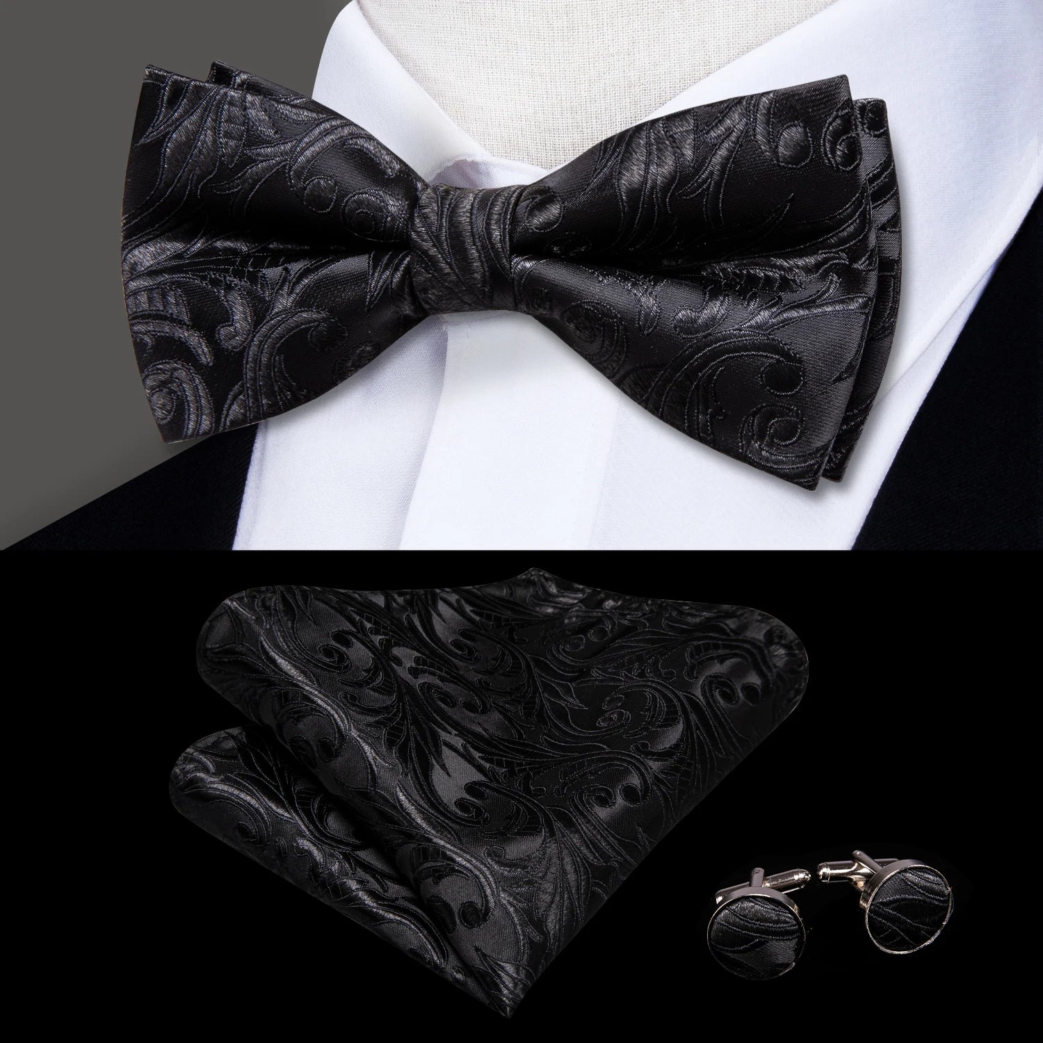 Hi-tie Pre-tied Mens Bowtie Hanky Cufflinks Bow Tie Cravat Male Qme LH-0569
