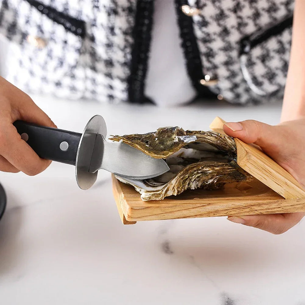 Oyster Shucking Tools Stainless Steel Scallop Shell Shucking Cutter Wood Seafood Opener Tool for Home Kitchen Barbecue Camping Qme