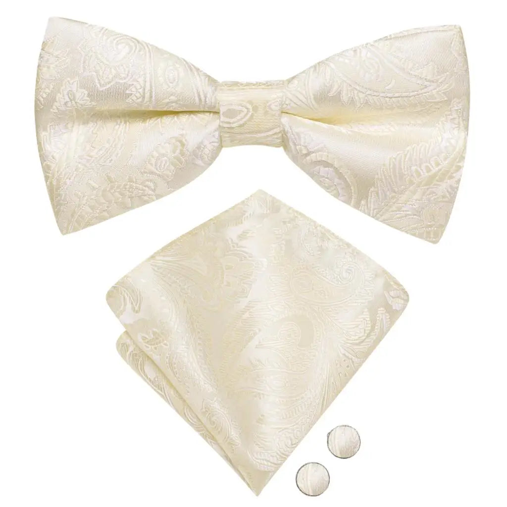 Beige Champagne Gold Mens Bow Tie Hanky Cufflinks Set Jacquard Floral Pre Tied Butterfly Bowtie for Male Wedding silk Business Qme