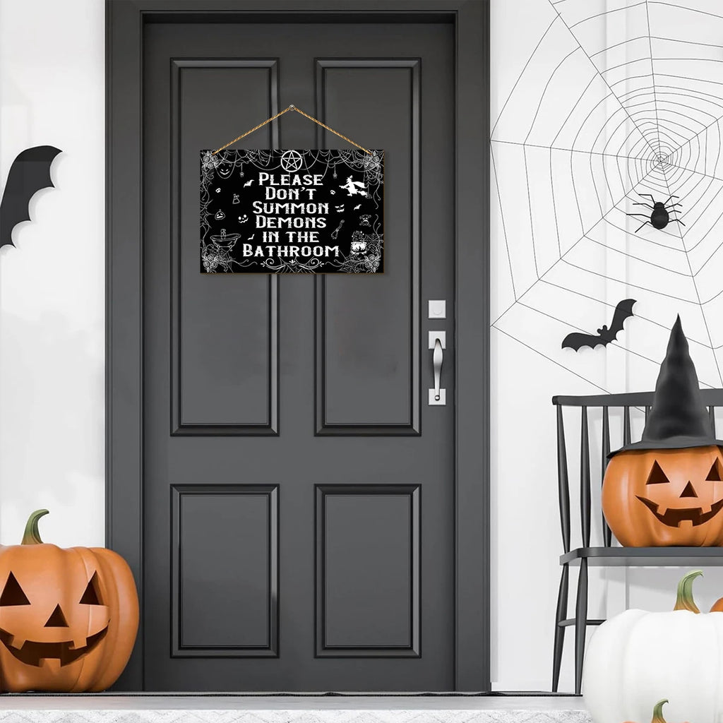 Halloween wooden wall sign, "Please Don't Summon Demons in the Bathroom" spider web witch decoration, fun Halloween decoration Qme