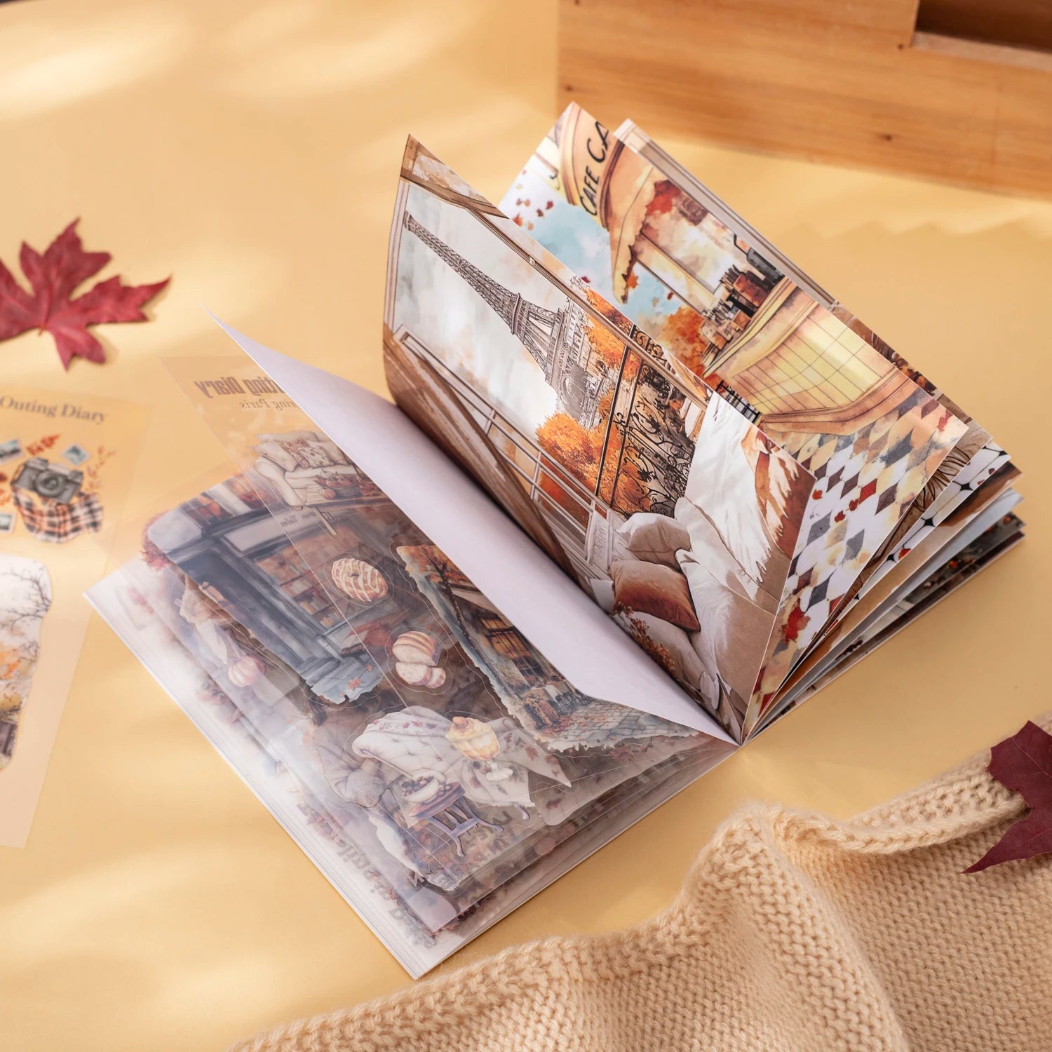 20 Sheets Paris Autumn Series Travel Theme Dual Material Sticker Book for DIY Scrapbooking Photo Frame Collage Decoration Qme