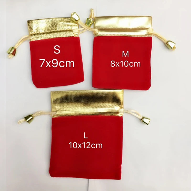 10pcs/lot Vintage Velvet Bag Gold Color Trim Drawstring Red Gift Bags Wedding Jewelry Packaging Pouches Qme