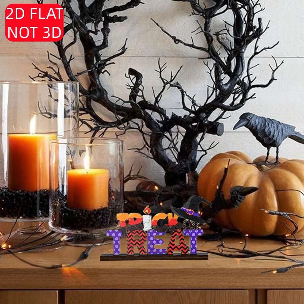Halloween 2D Wooden Sign – “TRICK OR TREAT” with Witch Hat, Candle & Skeleton Hand. Spooky Season, Party, or Home Display Qme