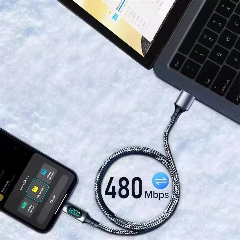 120W Type C Fast Charge Cable With Led Digital Display Cable6A Nylon Data Cord For Xiaomi Samsung iPhone Data Transmission Wire Qme