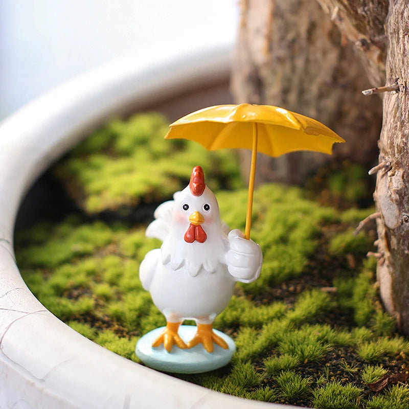 Rooster Figurine With Umbrella, Decorative Outdoor Statue,Collection Miniature Fairy Garden Home,Garden, Indoor Outdoor Decor Qme