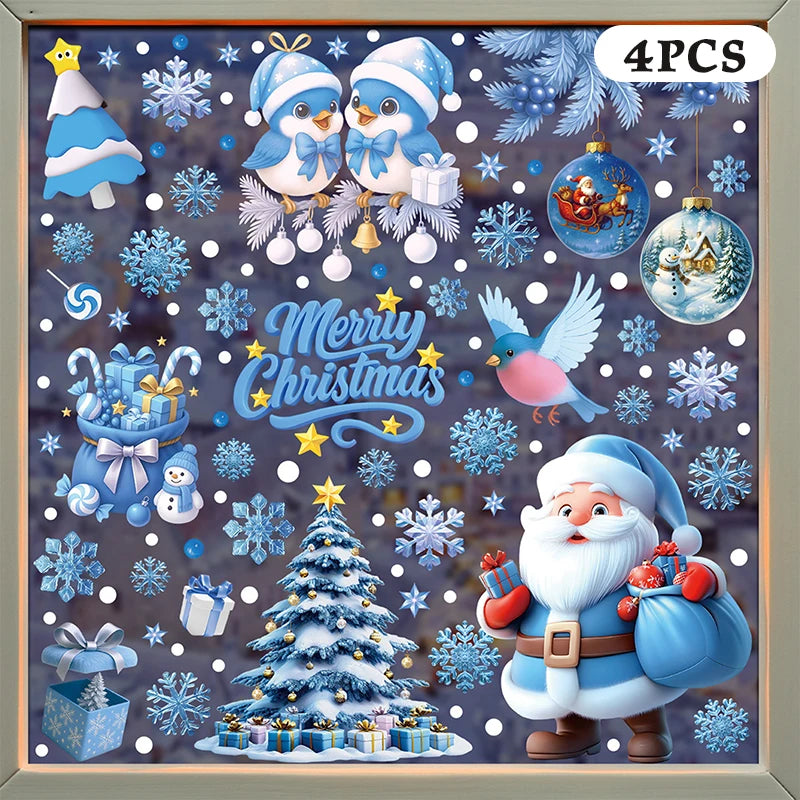 Blue Christmas Window Clings-Static Sticker Set With Bells, Reindeer, Santa, Snowflakes & Snowman For Holiday Party Decor Qme A8