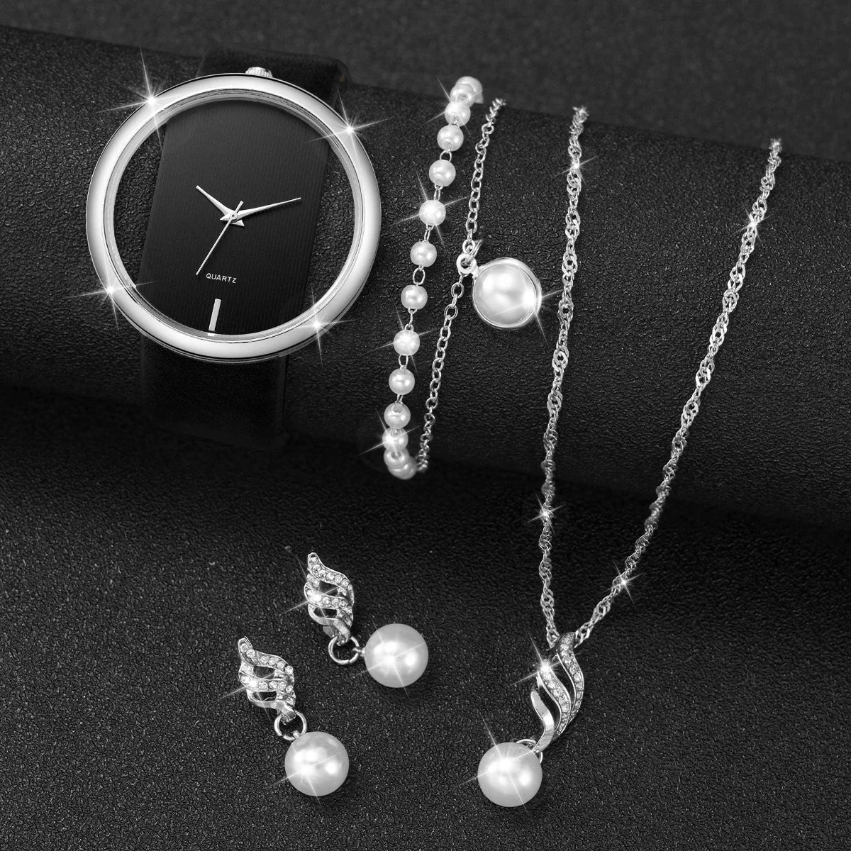 Women's Hollow Quartz Watch with Leather Bracelet, Pearl Jewelry Set, Fashion Watches, Without Box, 5 Pieces Per Set Qme